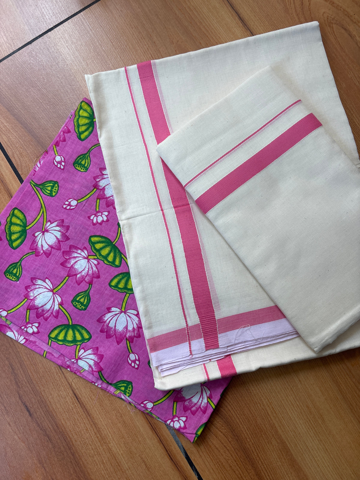 Pink pure cotton puliyilakara Set mundu with blouse SAR71
