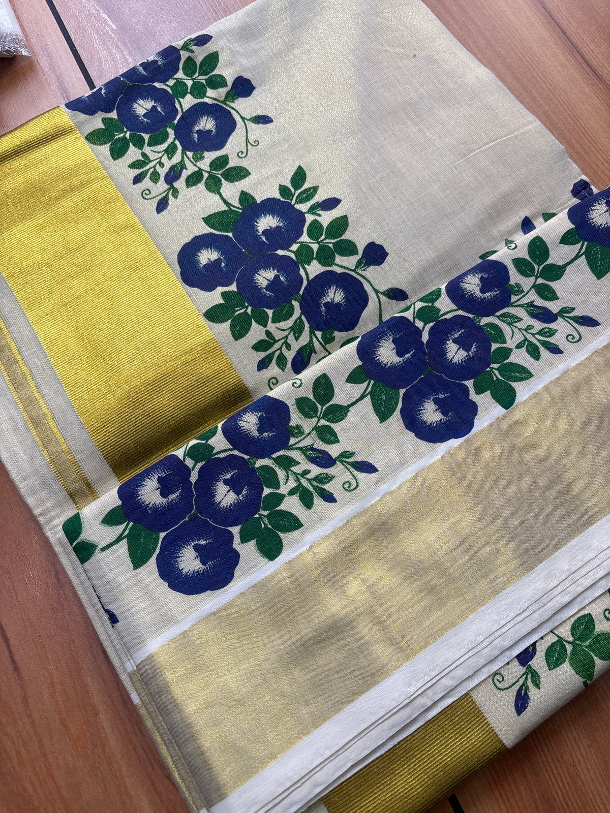 Shankupushpam butterfly pea flower printed Tissue Kerala Set Saree SAR73