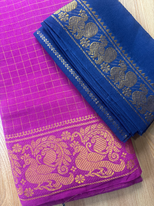 Pink and blue zari check Sungudi Handloom Cotton Saree SNS58