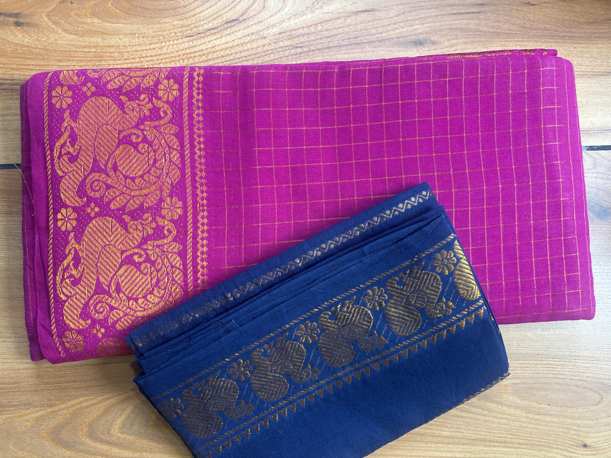 Pink and blue zari check Sungudi Handloom Cotton Saree SNS58