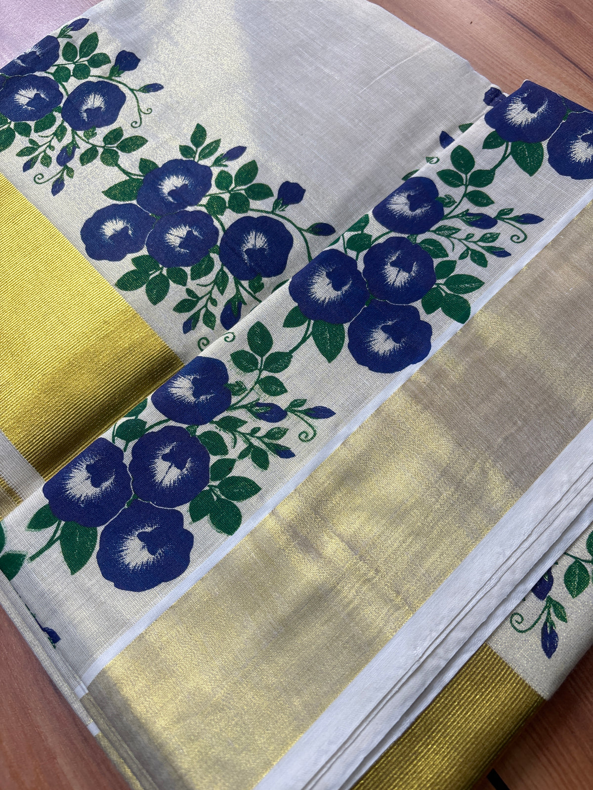 Shankupushpam butterfly pea flower printed Tissue Kerala Set Saree SAR73