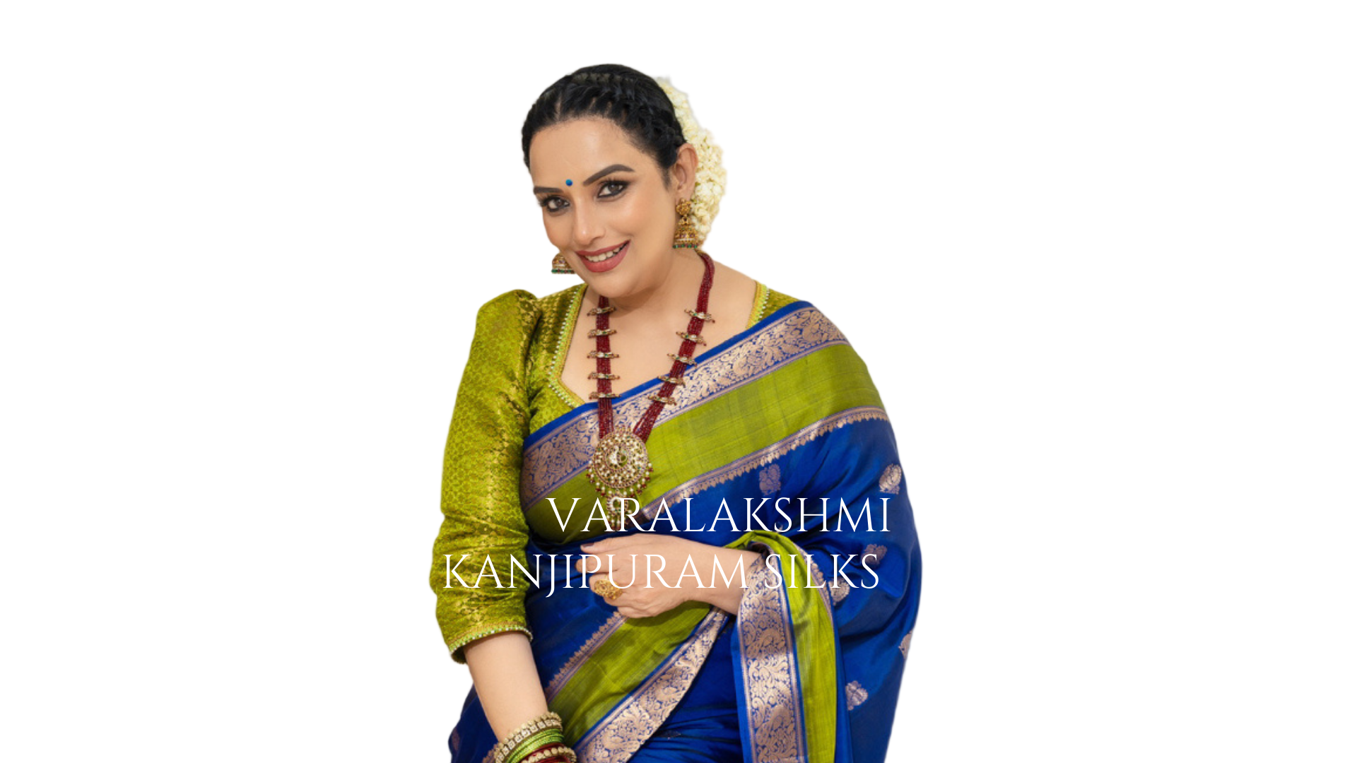 Shwetha Menon actress green and blue kanjipuram saree of indian ethniC brand Navayarn